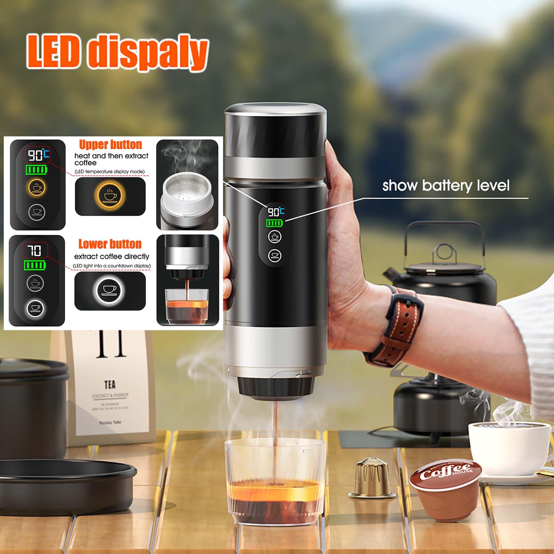 VHV Caffettiera Portatile, 3 In 1 Macchina per Caffè Viaggio - Senza Fili & Auto-Riscaldante - Con Batteria 7500mAh, 20 Bar di Pressione - Adatto a Varie Scene Portatili e Regali (Bianco)