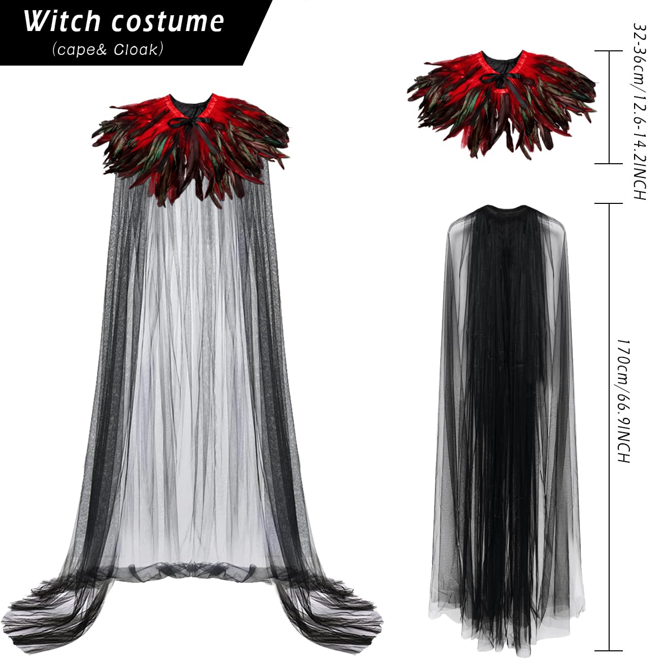 keland Tüll Umhang mit Federkragen Federumhang Damen Maleficent Kostüm | Lang, Gothic, Halloween, LARP, Cosplay