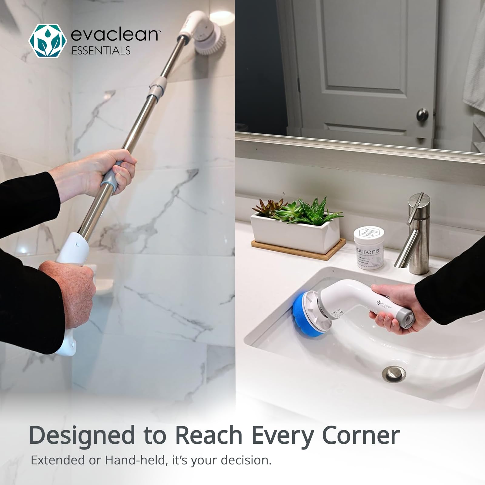 Essentials - Cepillo eléctrico giratorio para ducha, bañera, hogar, hasta 400 rpm de potencia, inalámbrico, tiempo de funcionamiento de 90 minutos, indicador LED, 7 cabezales de cepillo, 2 5