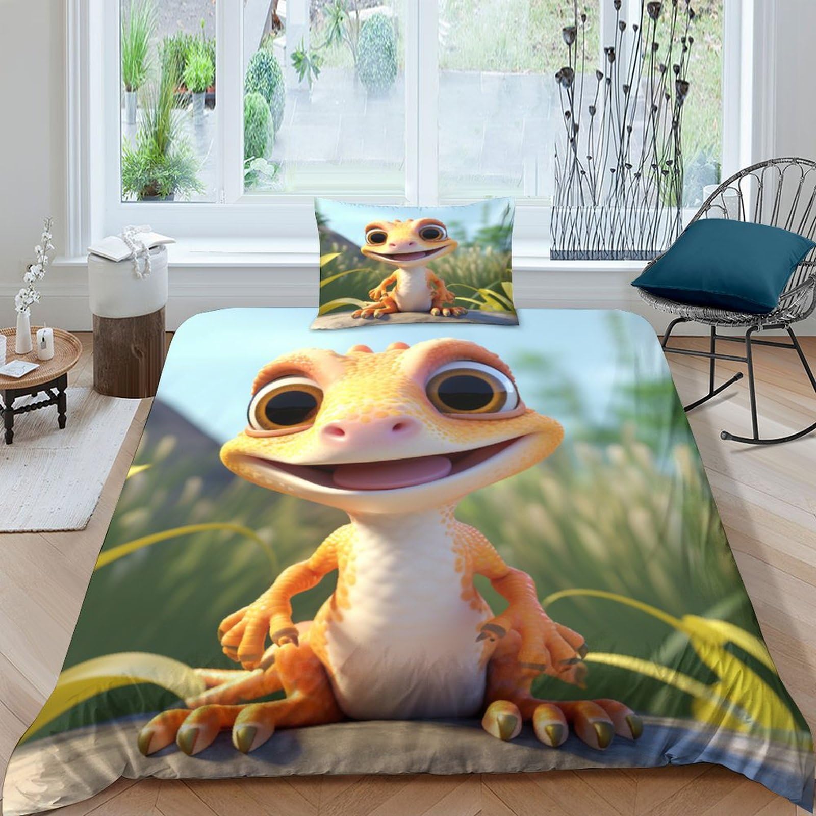 Housses de couettes gecko 3D parure de lit microfibre respirante 3 pièces taie d'oreiller