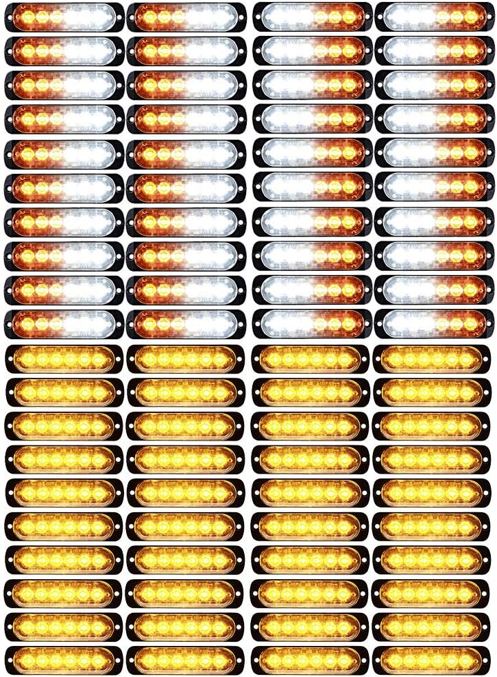 40pcs White Amber + 40pcs Amber Yellow Universal Super Thin Ultra Slim 6-LED Car Truck Warning Caution Emergency Construction Strobe Light Bar (in Bulk 80PCS)