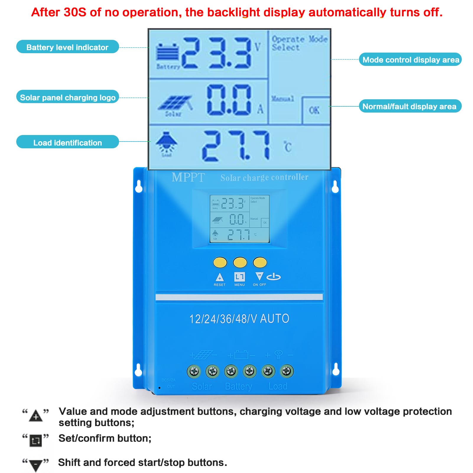 Buyweek MPPT Regulador de Carga Solar 12/24/36/48V Controlador de Carga Solar 12V Inteligente Regulador Solar con dual USB e pantalla LCD, para plomo ácido/litio, Máx 100V