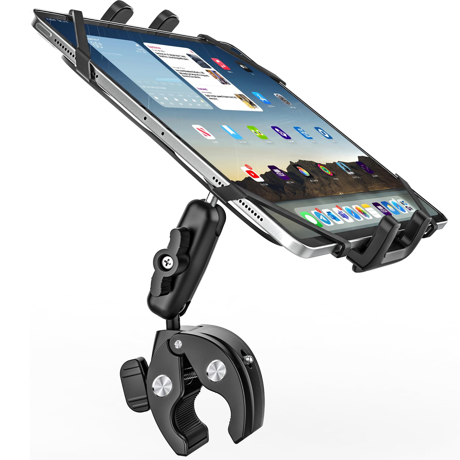 Multi-Fonction Métal Support Tablette Moto Vélo [Design Contemporain], Rotation libre 360° universelle Porte tablette guidon, pour iPad, Sumsung Tab, Sony Autre 4.7-12.9" Telephone et Tablette