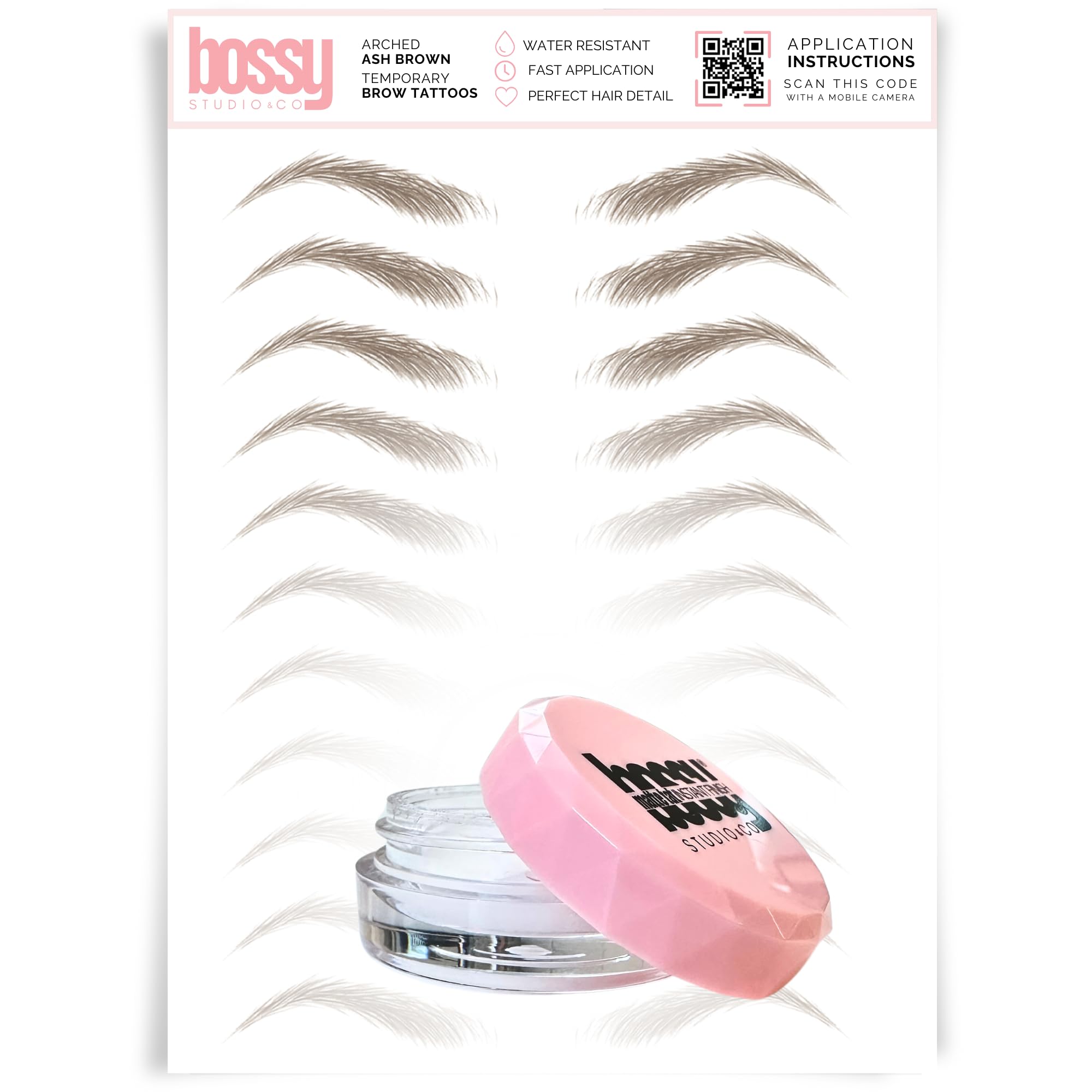 Brows by BossyStudio & Co Temporary Eyebrow Tattoos with Shine Remover Matte Tat Waterproof Eyebrow Stickers, False Tattoos Hair Like Peel Off Instant Transfer Brow arched ash brown with matte tat