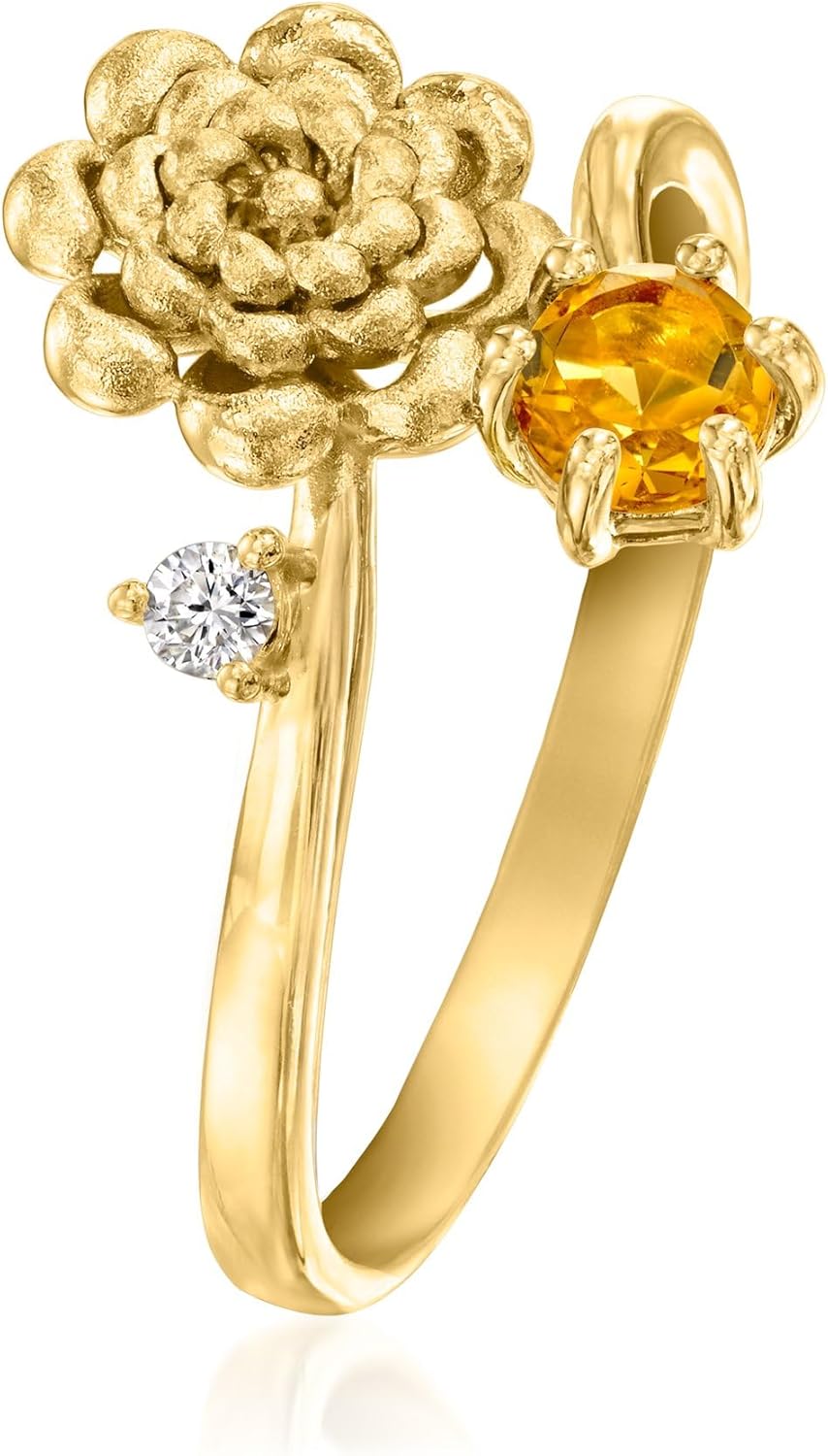 Ross-Simons Chrysanthemum Flower/November Birthstone Ring With .10 Carat Citrine and Single Lab-Grown Diamond in 18kt Gold Over Sterling