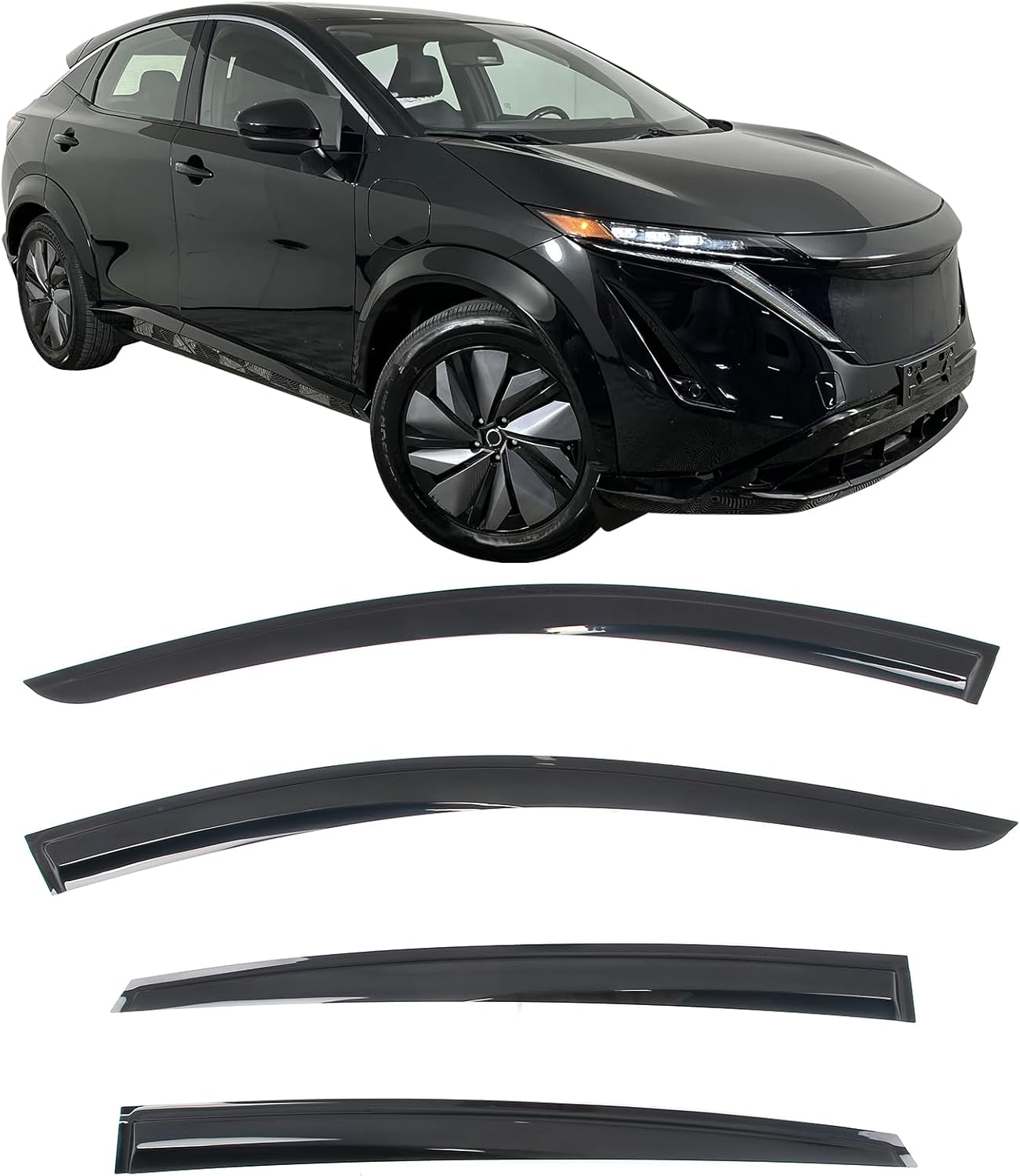 IKON MOTORSPORTS Tape on Window Visors Compatible with 2023-2025 Nissan Ariya, Mugen Style Acrylic Somke Rain Guards, Side Window Wind Deflectors 4PCS