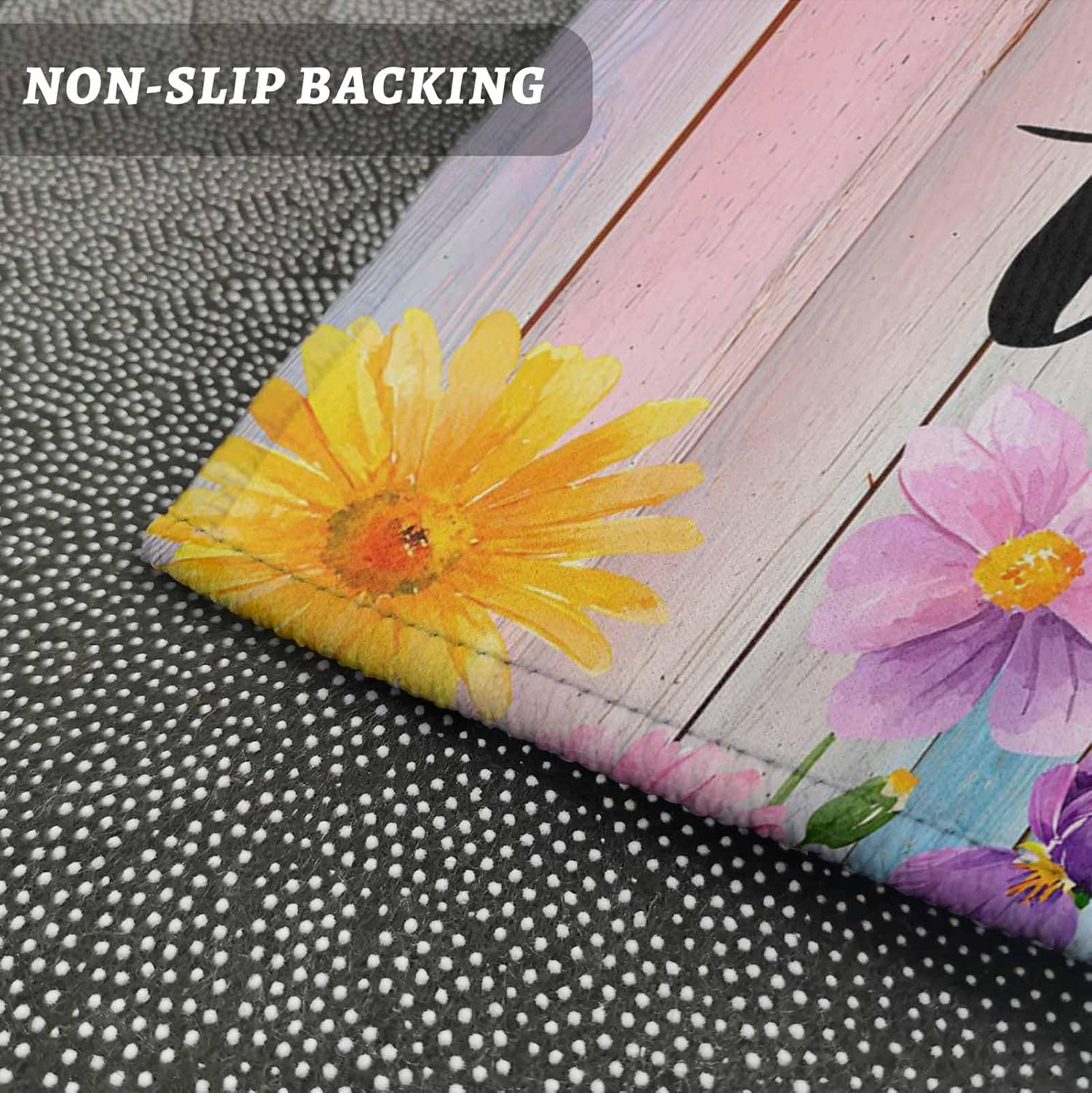 Kitchen Mats for Floor Farmhouse Blossom Flower Leaf Washable Non Slip Kitchen Rugs 1PCS, Pastoral Colorful Floral Wood Absorbent Standing Mats for Sink Bathroom Office Living Room 23.6x70.9in