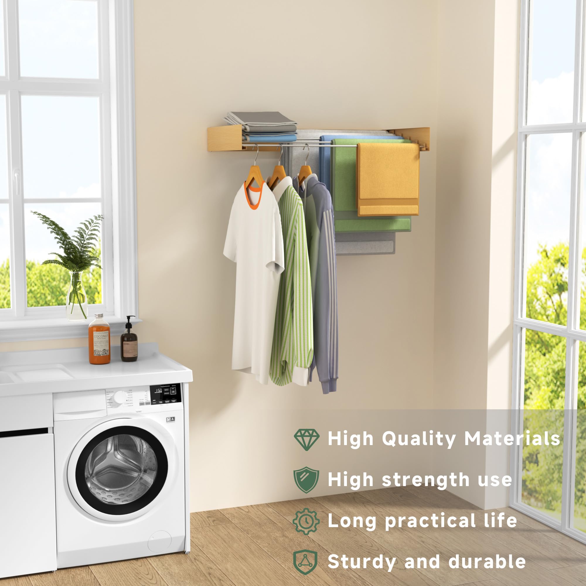 Étendoir à linge mural pliable en aluminium avec corde à linge rétractable pour intérieur/extérieur avec corde à linge blanche peu encombrante et capacité robuste de 10 kg (design en bois, 80)