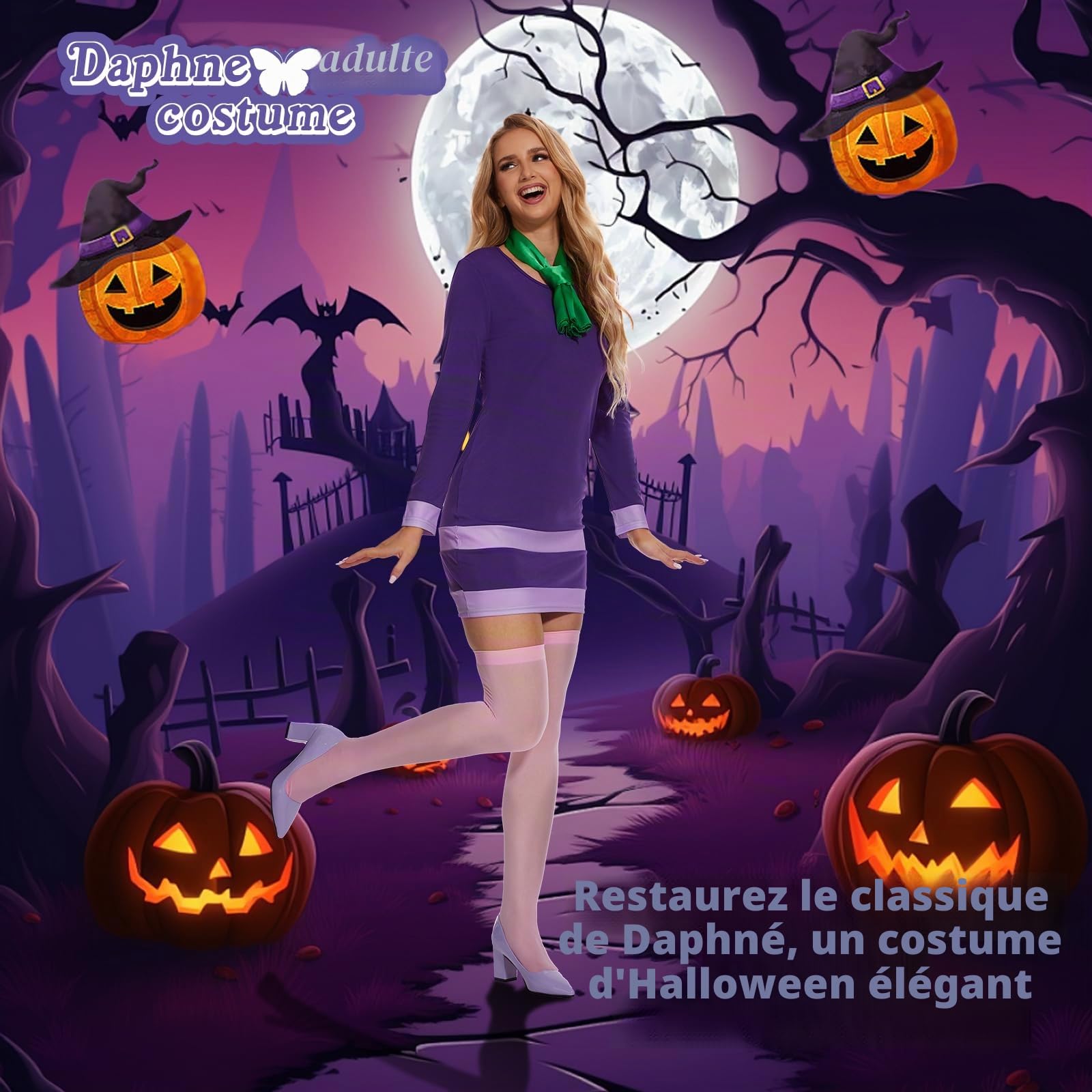 Halloween Deluxe Adult Costume for Women,Purple Dress, Wigs, Scarf Headband, Women Deluxe Classic Movie Characters Costume for Halloween Cosplay