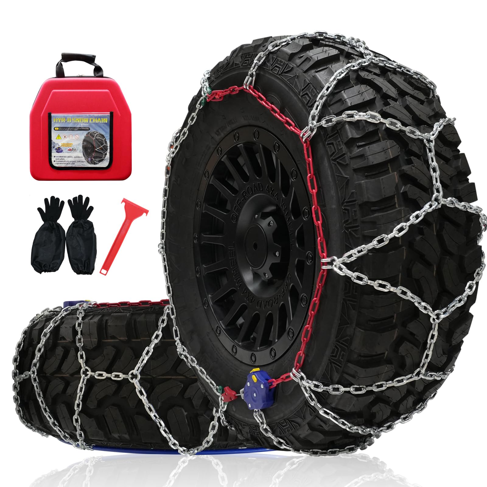 Snow Chains for Pickup Trucks, 2 Piece x 12mm, 1 Minute Quick Installation Tire Chains with Automatic Tensioner, Heavy-Duty Emergency Tire Traction Chain for Pickup Trucks and Off-Road SUVs (HYR-B)