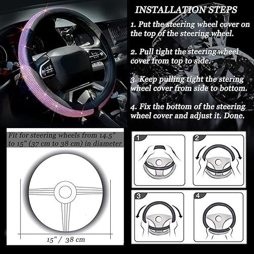 Miniatura 7 de ChuLian Funda para volante de piel con diamantes de imitación brillantes, ajuste universal de 15 pulgadas, protector de volante de automóvil para