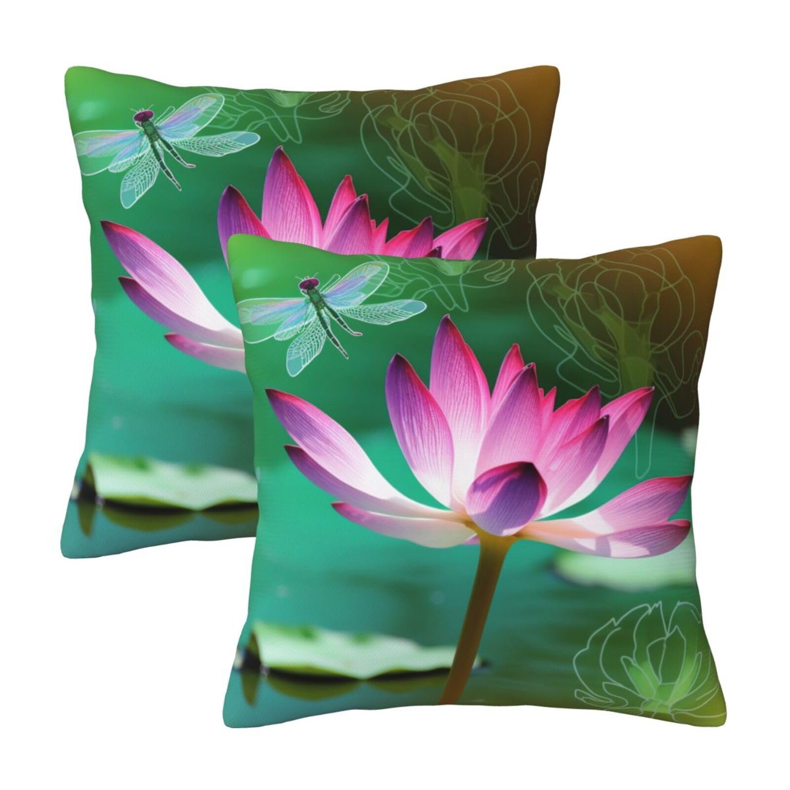 Lotus and Dragonfly Throw Pillow Cases 2 Pack Square Pillowcases Soft Pillow Protectors for Couch Livingroom Sofa Bed Office Car,40x40 CM