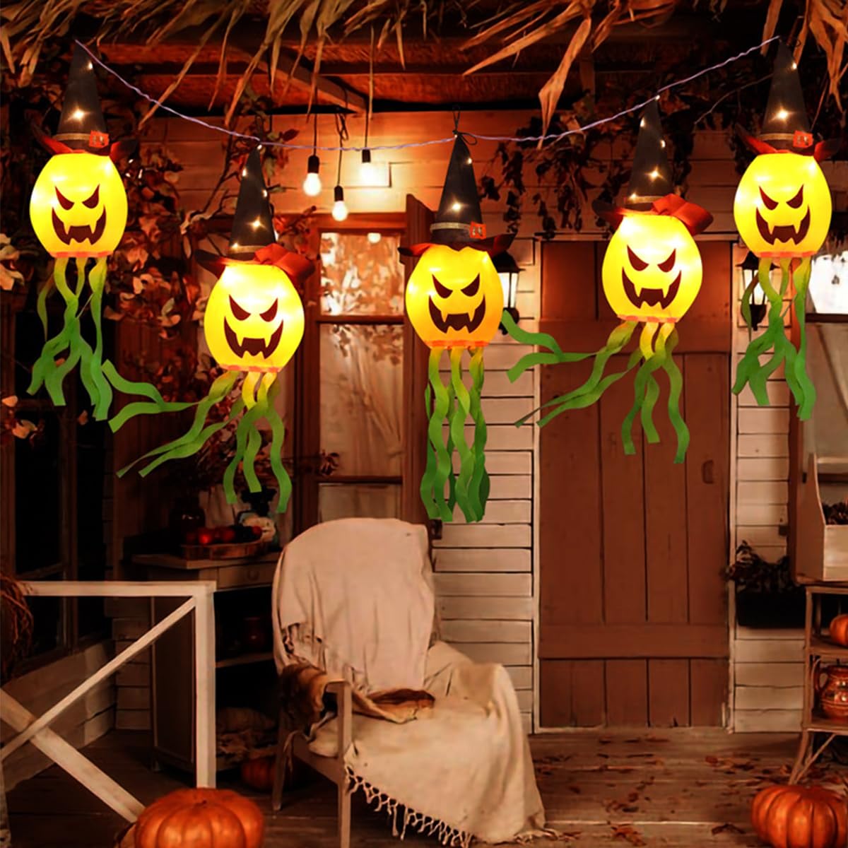5Pcs Halloween Pumpkin Lights - Outdoor/Indoor Decor, Hanging Lights for Patio, Lawn, Garden