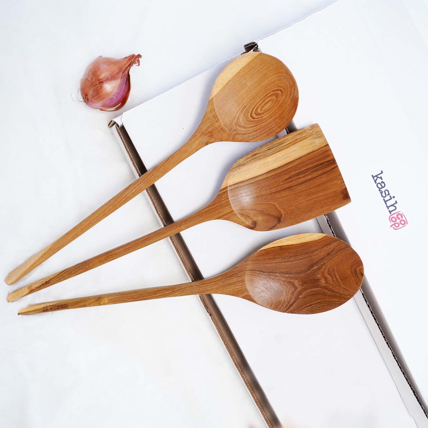 Kasih Co-op Set of 3 Cooking Kitchen Utensils Teak Wood 14 inches (Two spoons and one spatulas)