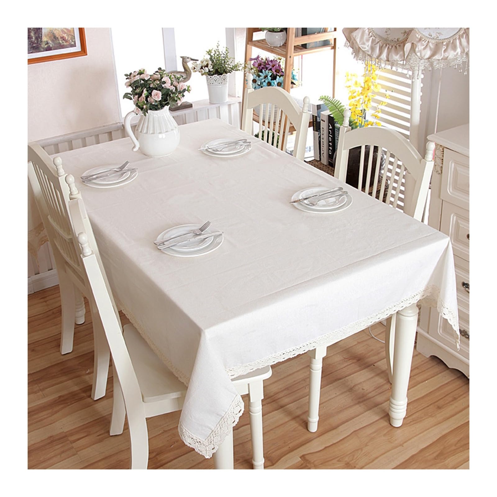 Nappe coton écru haut de gamme 140x200cm KnSam avec finitions dentelle blanche raffinée