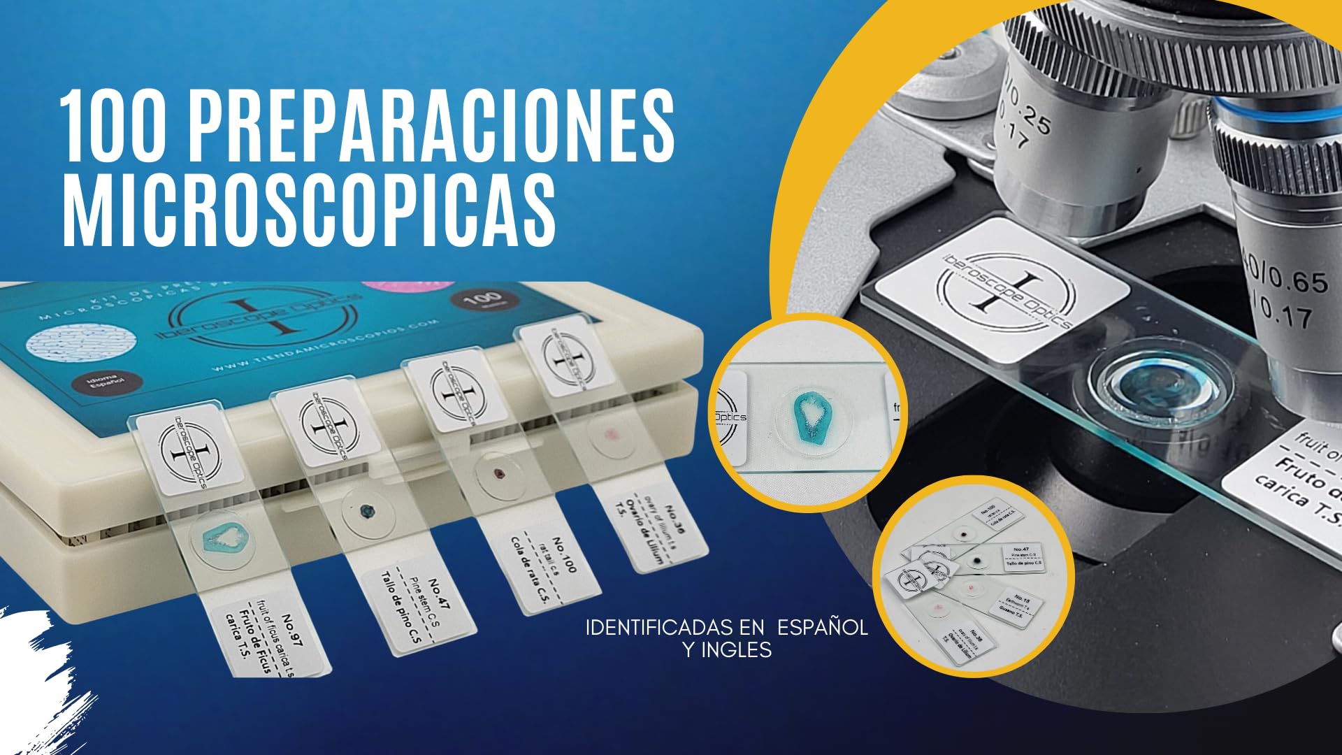 100 Muestras Preparadas para Microscopio en Español + USB con Manual de Microscopía | Set Educativo Estudiantes y Adultos |Vidrio Óptico