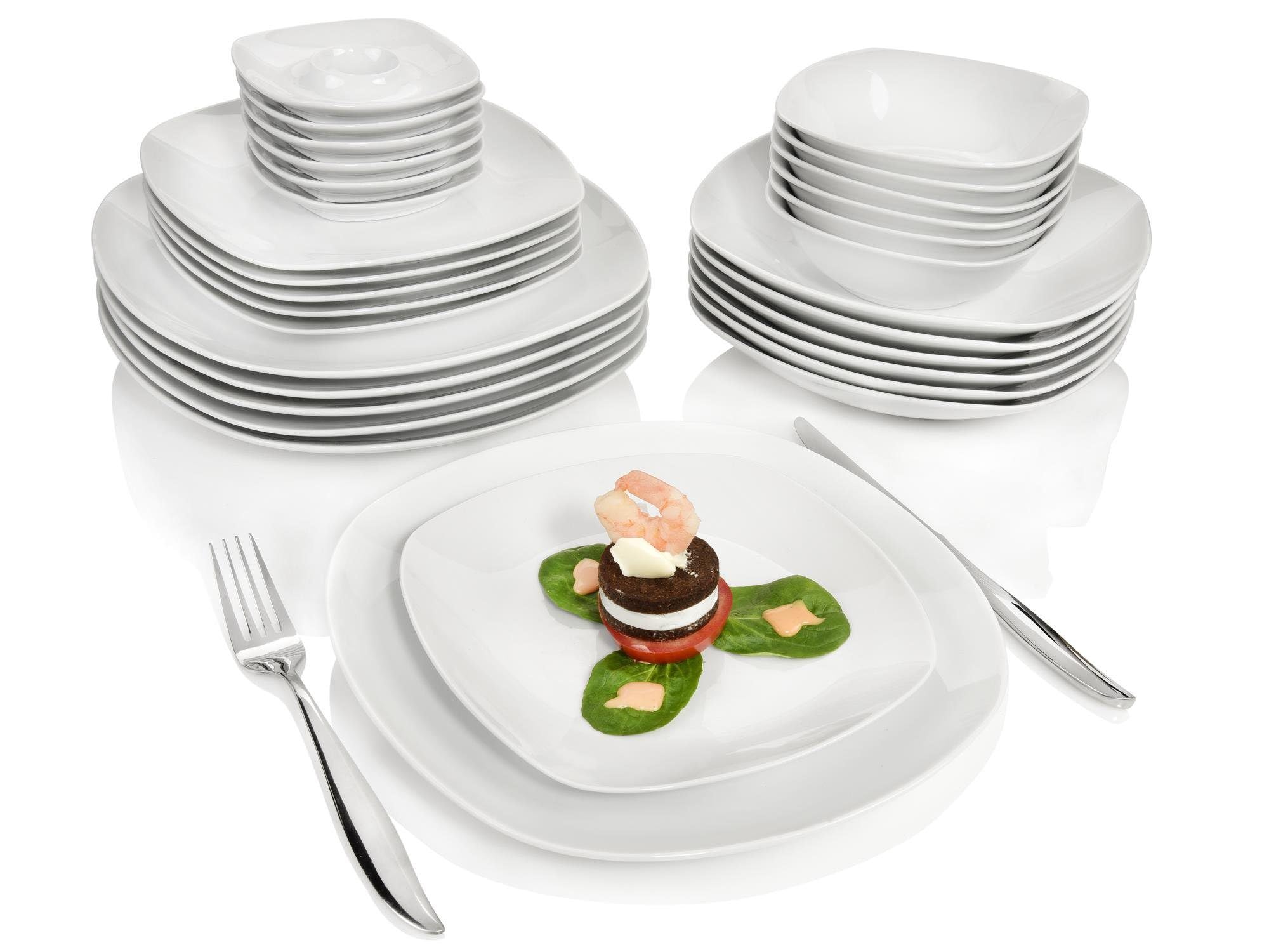 SÄNGER | Tafelservice Bilgola weiß, 30-teiliges Geschirrset aus Porzellan für 6 Personen, Teller Set abgerundetes Design, Speiseteller | PREMIUM COLLECTION