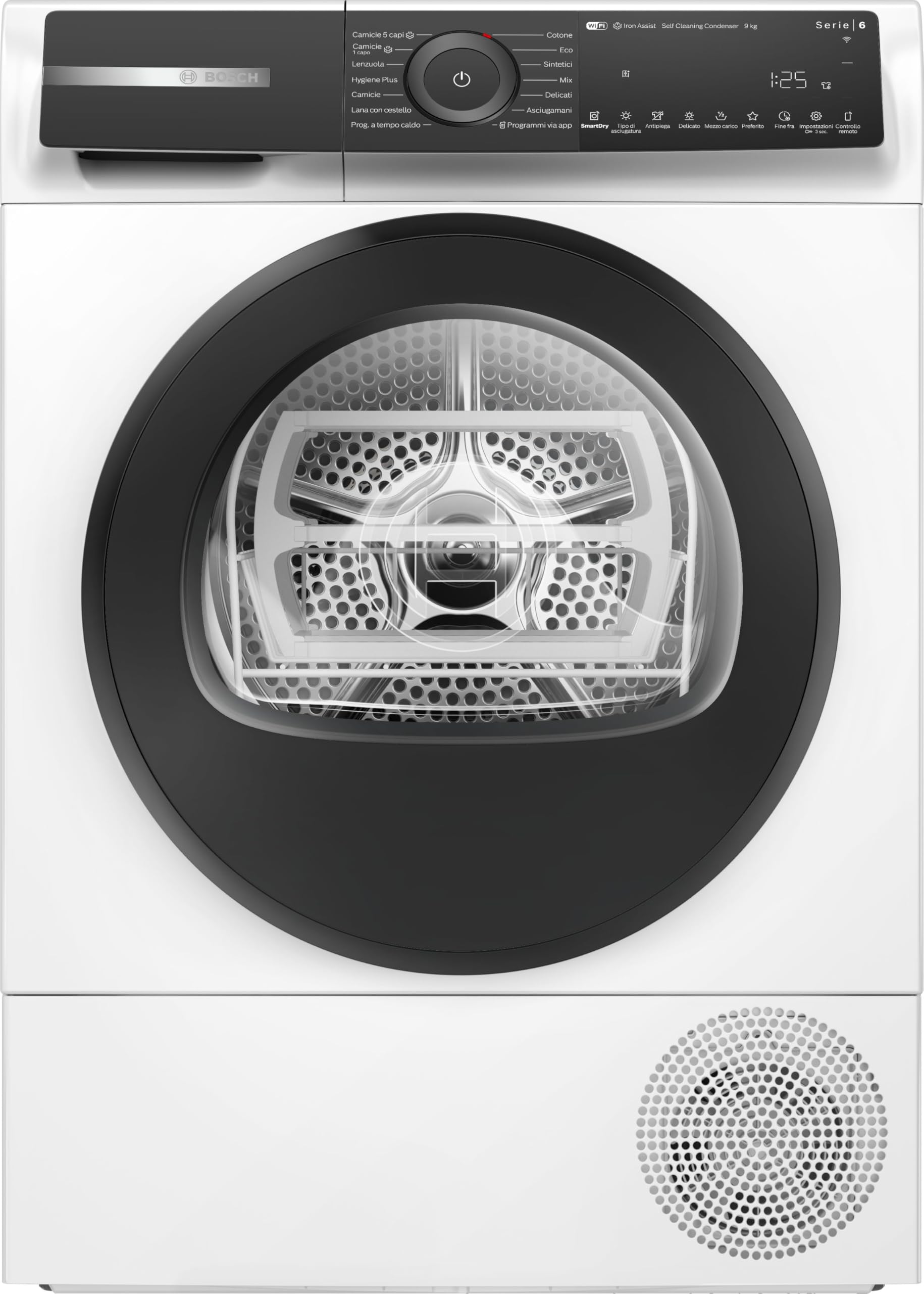 Bosch WQH245A0IT Serie 6 Smart Wäschetrockner mit Wärmepumpe, 9 kg, Energieklasse C, selbstreinigender Kondensator, reduziert Falten, Wäschekorb aus Wolle, Weiß, 60 cm