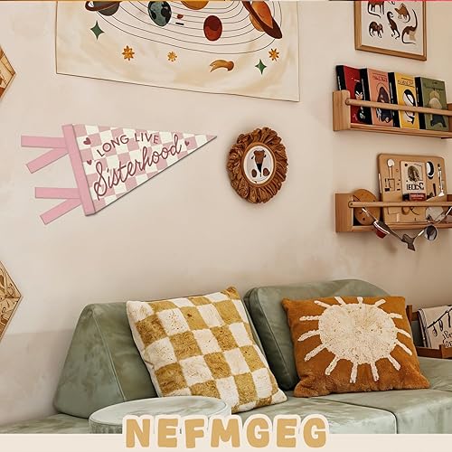 Miniatura 6 de Decoración de guardería para bebé, banderines de pared de larga vida de la hermandad, banderines de pared, a cuadros rosa y beige, decoración para