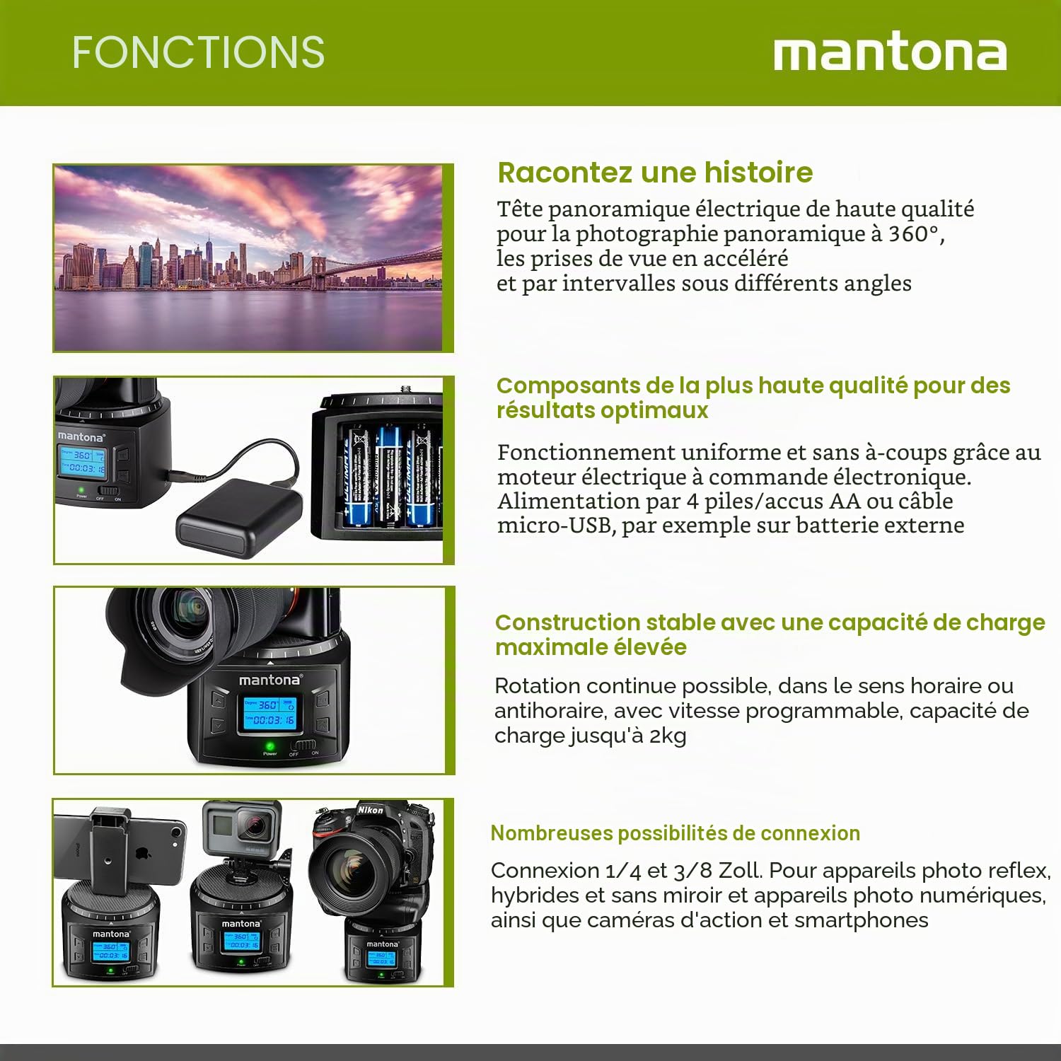 Mantona Turnaround 360 Advanced 3 Tête de trépied panoramique électrique rotative 360° programmable Timelapse Smartphone Action Cam GoPro