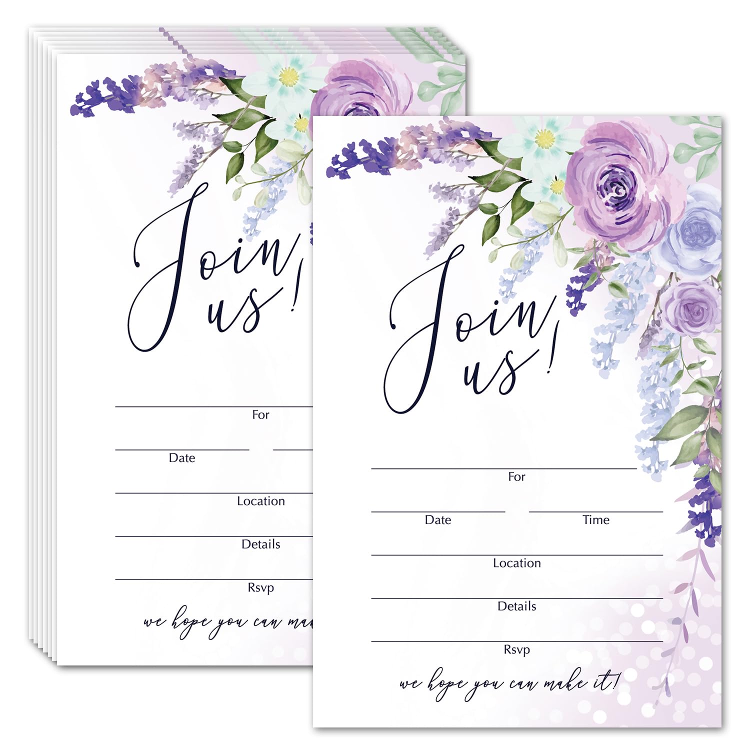LETUROIA 25 Join Us Invitations with Envelopes,Purple Floral Invites Cards for Wedding Reception Bridal or Baby Shower Engagement and Birthday Party