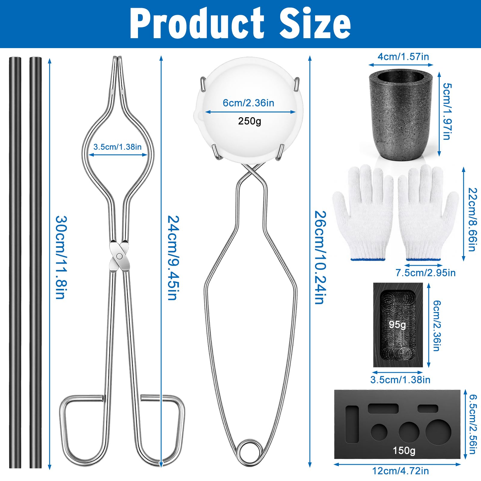 Hysagtek Kit de 9 crisoles para derretir metal, kit de fundición de antorcha de grafito, crisol de grafito, moldes de lingote de grafito, 2 varillas agitadoras de crisol, taza de cuarzo y pinzas