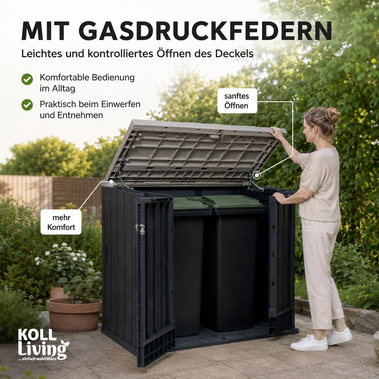 Koll Living Mülltonnenbox 'Vela' 1270 Liter | 145 x 85 x 125 cm | für 2X 240L Mülltonnen | Anthrazit | abschließbar | mit Gasdruckfedern | UV- & witterungesbeständig