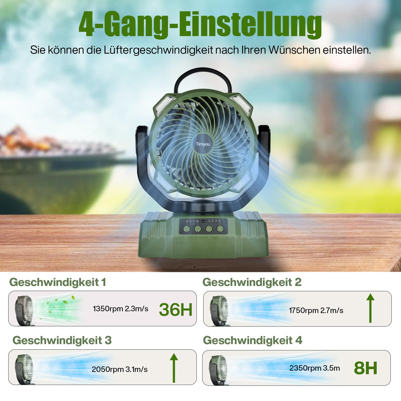 Camping Ventilator mit Akku 10000mAh, Tragbarer Ventilator Leise mit LED-Licht, 270° Rotieren Tischventilator mit Haken/USB-Aufladung, Zeltventilator für Outdoor Camping, Stromausfall, Angeln, Büro