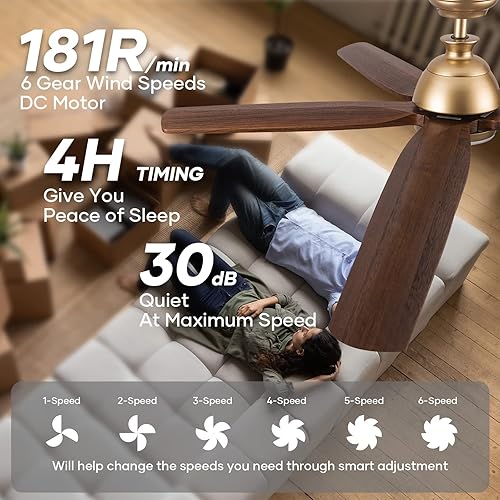 Miniatura 6 de Ventilador de techo dorado de 52 pulgadas con luces y control remoto, ventilador de techo para exteriores con luz, luz LED regulable, ventilador de