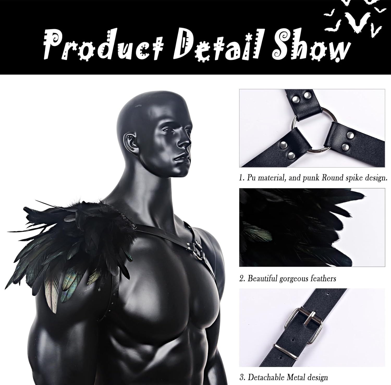 L'VOW Gothic Feather Shoulder Armor for Men Leather Harness Medieval Guards Halloween Cosplay Costume - Image 4