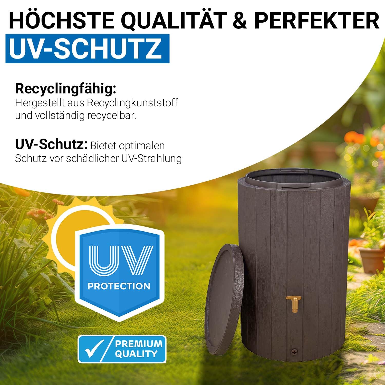 4rain Madera Regentonne Komplett-Set 220 Liter braun | inkl. Kunststoff-Auslaufhahn und Fallrohranschluss in Holzoptik mit sicherem Deckel für nachhaltige Gartenbewässerung daheim
