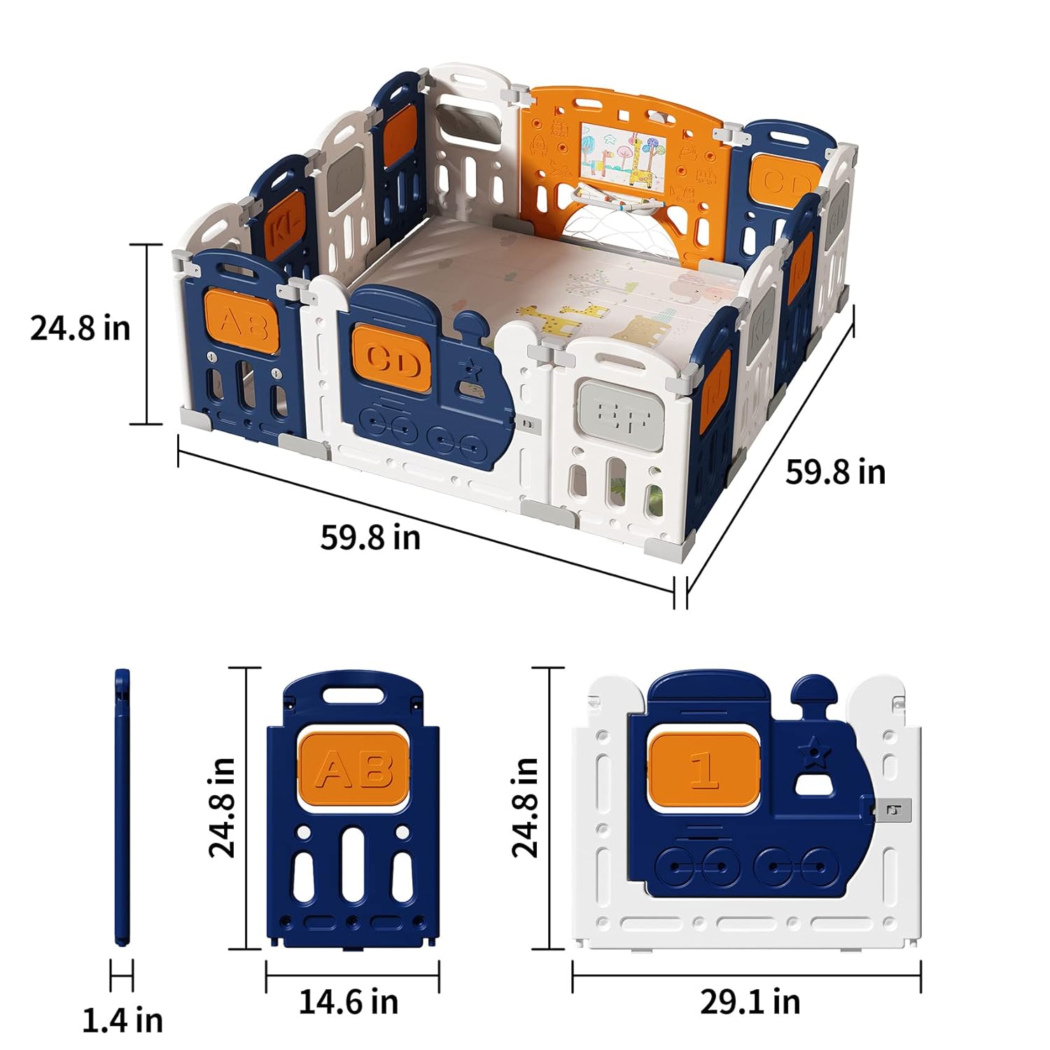 UNICOO – Baby Playpen, Foldable Kids Fence Activity Center, Safety Playard with Games Station Non-Slip Rubber Bases, Adjustable Shape, Portable Design (ZC-001-DBW Dark Blue + White)