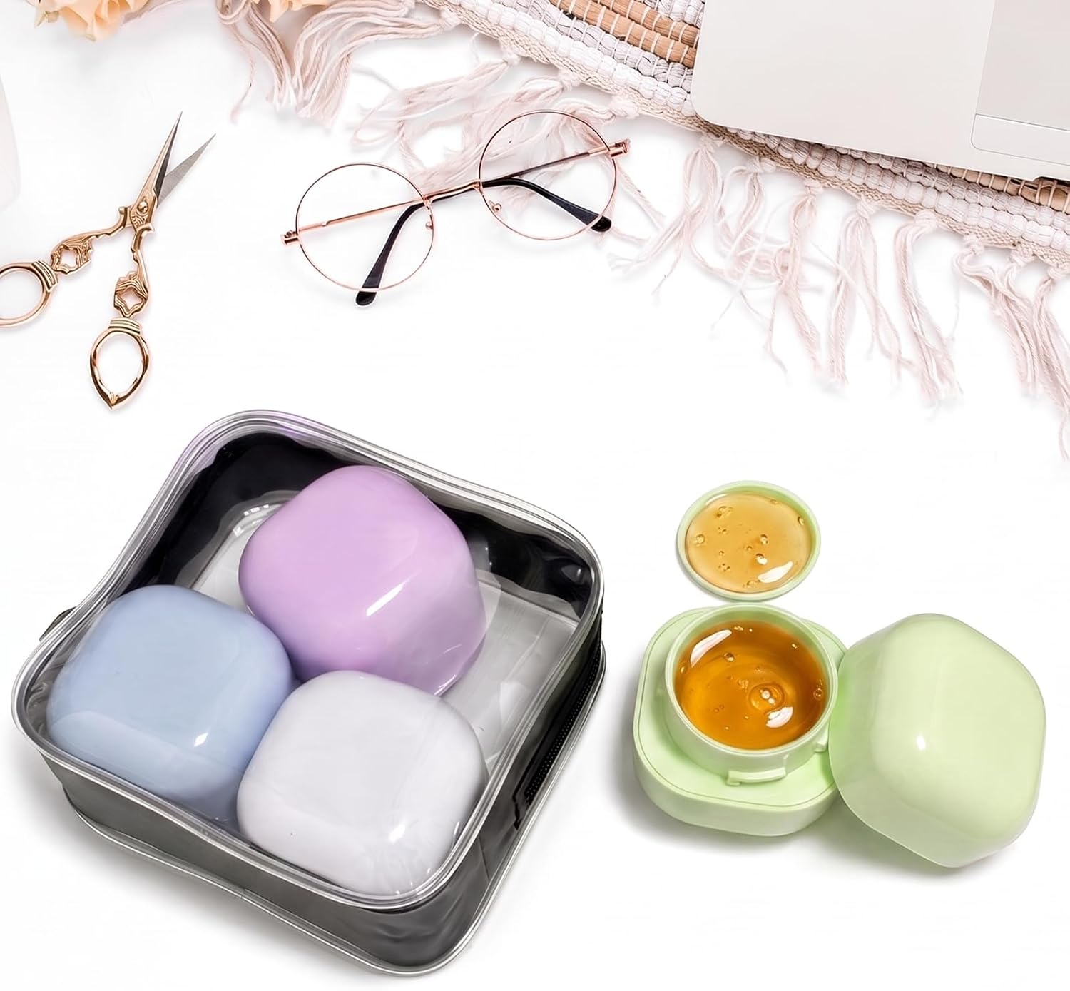 4Pack Travel Jars for Creams,TSA Approved Travel Containers for Toiletries Containers with Clear Bag,Refillable Containers,Leak Proof Silicone Jars, Essentials Creams Jars Carrying Small Ltems