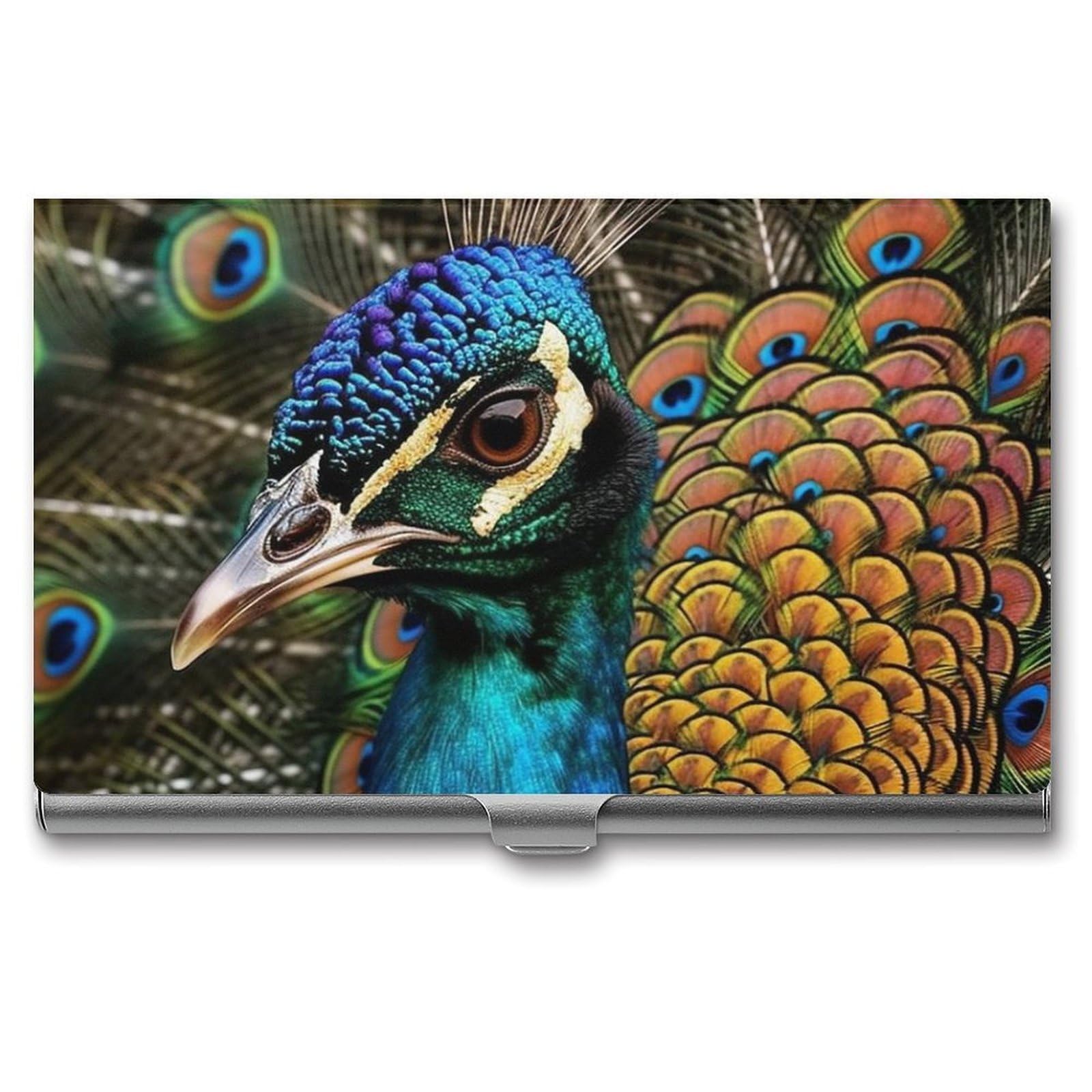 BTCOWZRV Colored Peacock Business Card Holder Metal Slim Business Card Case, Pocket Card Holder for Men Women Purse Name Card Holder Stainless Steel Wallet Credit ID Case for Office