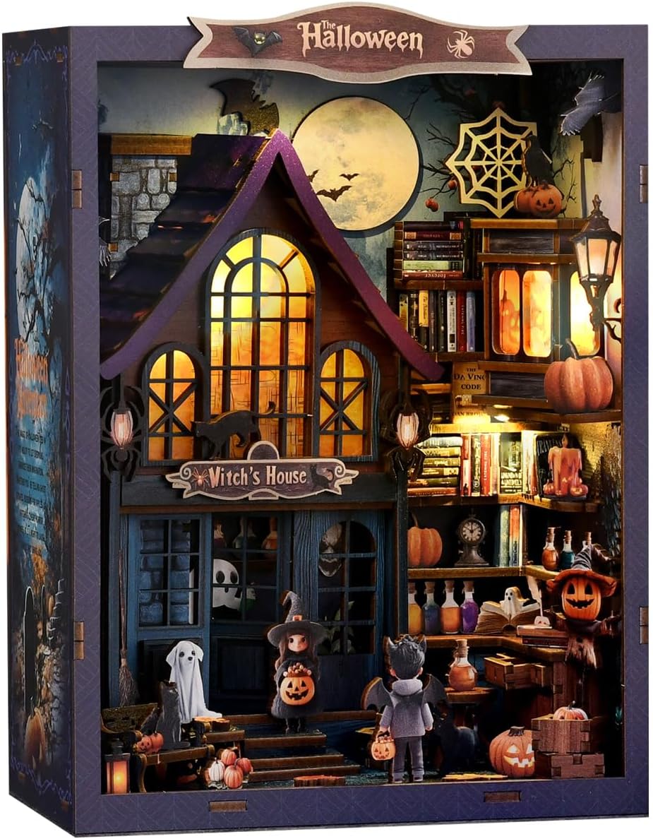 Book Nook Kit Halloween Mini House Kit - 3D Wooden DIY Castle with LED Lights, Spooky Bookshelf Decor for Teens and Adults​