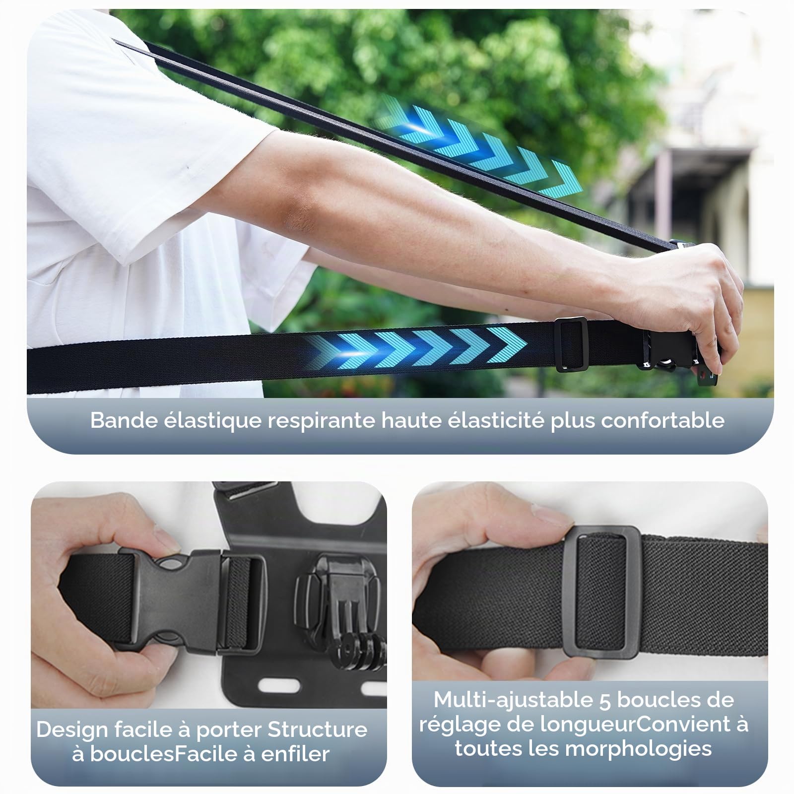 Adaptom° Harnais de Poitrine Support pour Caméras d'action et téléphones Portables, Compatible avec GoPro 13/12/11/10/9/8/7, insta360, DJI Action 5 Pro 4/3/2 Osmo et Toutes Les caméras d'action