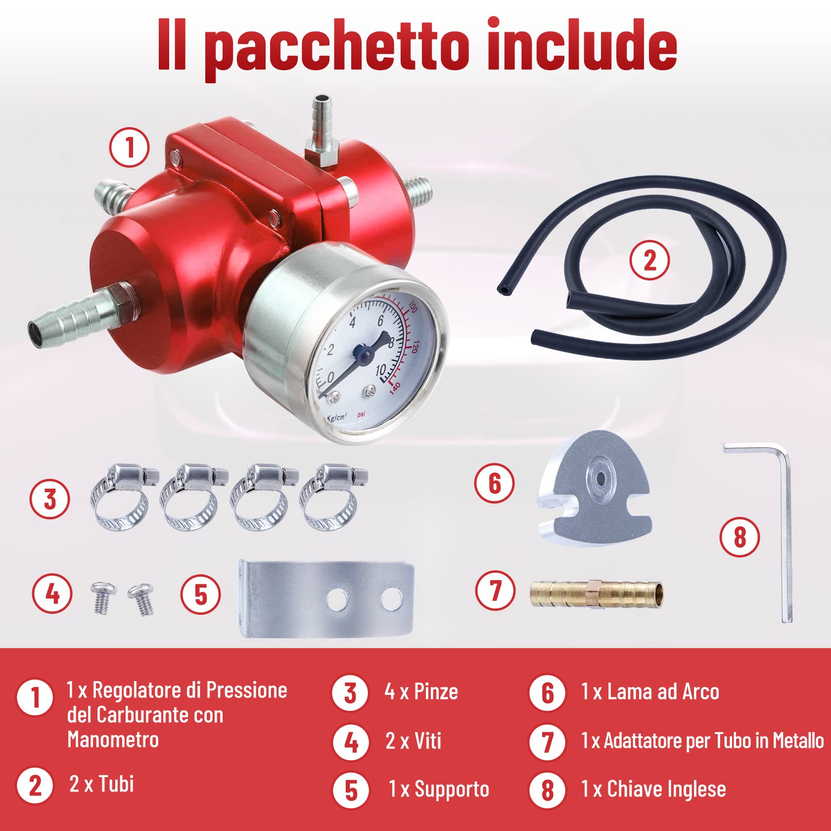 CarBole - Regolatore di pressione del carburante per auto, regolabile, 1-140 PSI, regolatore di pressione benzina in lega di alluminio con manometro e tubo
