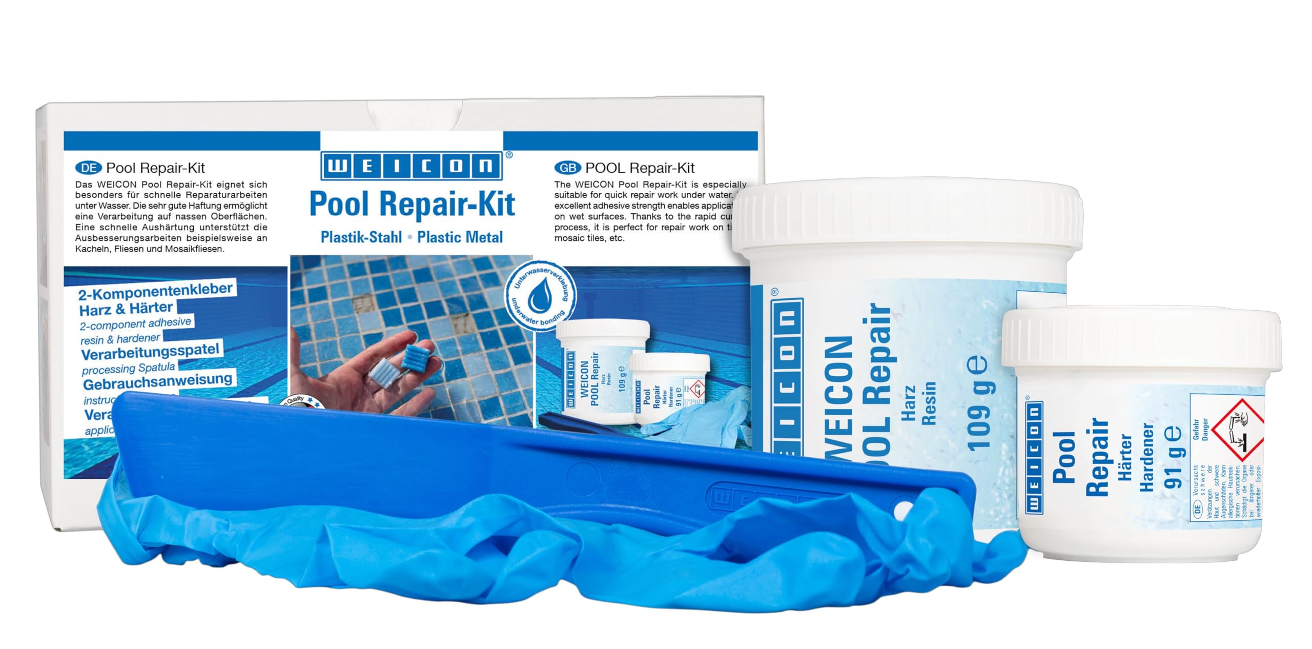 WEICON Pool Repair-Kit, kit de reparación para piscinas, azulejos y mosaicos, curado rápido incluso bajo el agua.