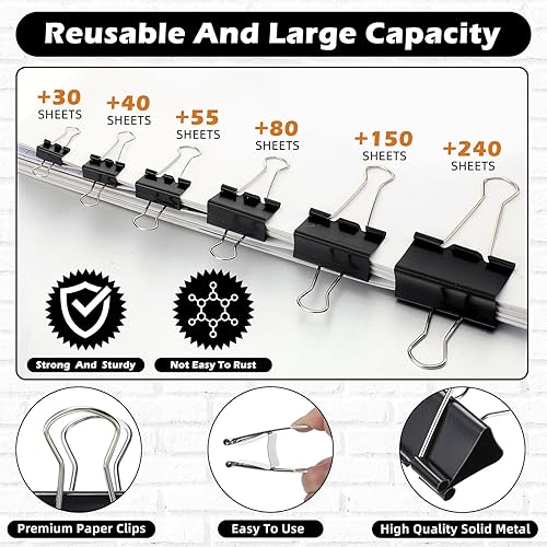 Miniatura 3 de Yexiya 640 clips para carpeta, abrazaderas de papel de varios tamaños, color negro, clips de metal para carpetas de papel, combinación de