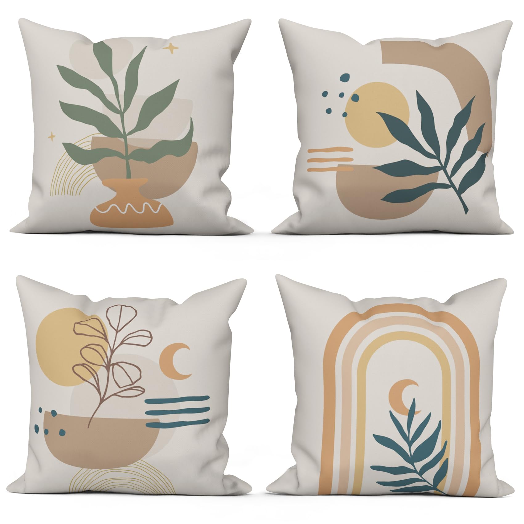 ASDCXZ Boho Cushion Cover 45x45 cm 4er Set, Modern Abstract Tag Orange Month Leaves Beige Sofa Deco Cushion Covers Cushion Cover Washable Polyester Flax Textile Outdoor Pillow Cover Cushion Cover