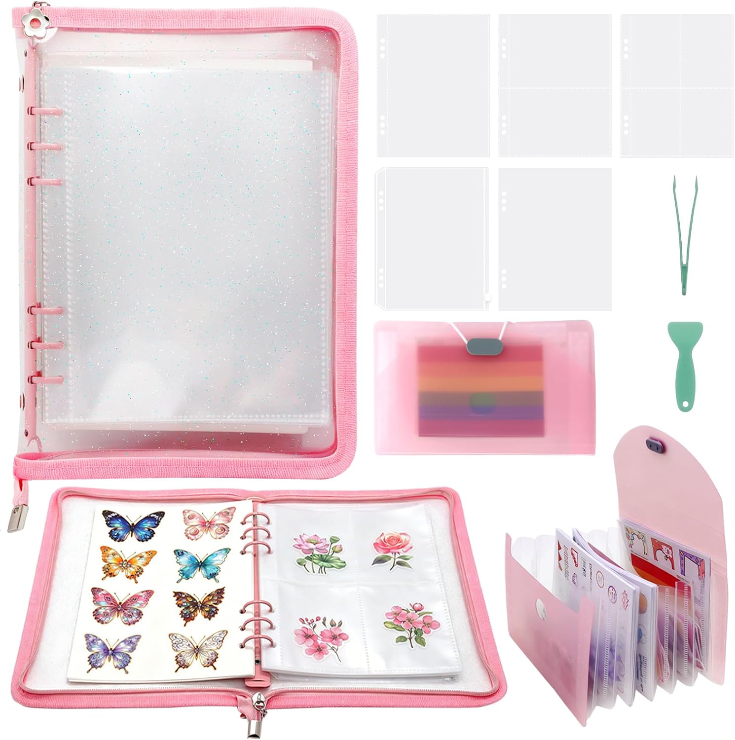 8-in-1 Sticker Organizer Binder, High‑Capacity A5 Reusable Sticker Book Collecting Binder with Storage Pages, Release Paper, Zipper Pouch, Mini Accordion Sticker Storage Album, Tweezers and Squeegee