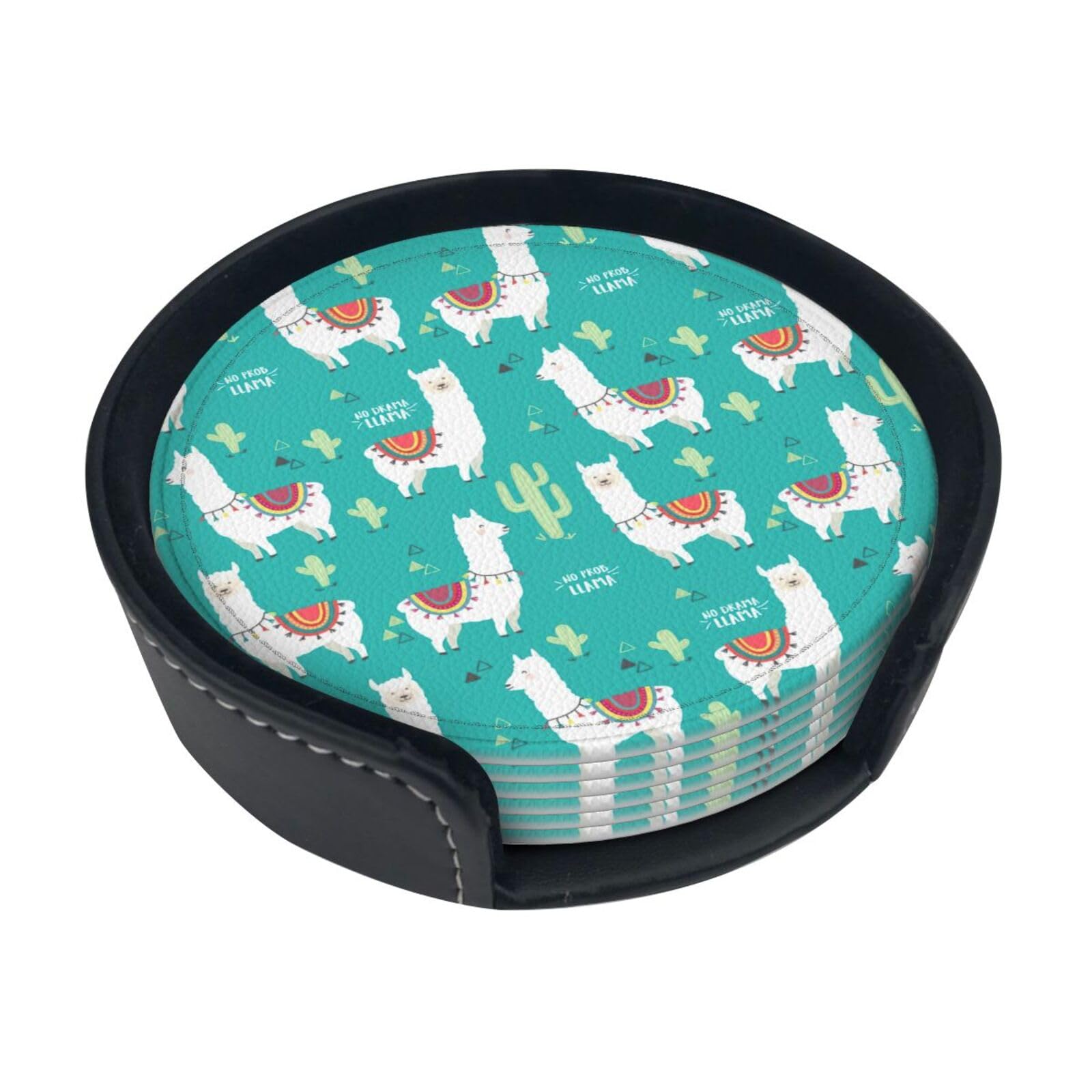 Cute White Llama And Cactus Print Round Coasters Set Of 6,Coaster For Tabletop Protection Home Bar Decor