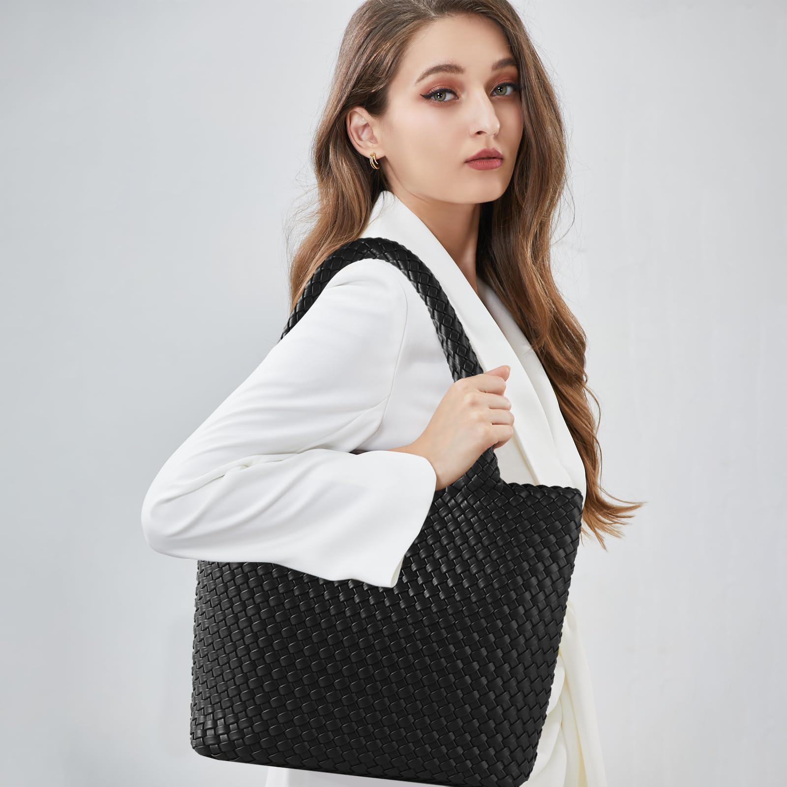 Handgewebte Tasche für Damen, oberer Griff, Schultertasche, veganes Leder, groß, für Reisen, Strand, Hobo-Handtasche