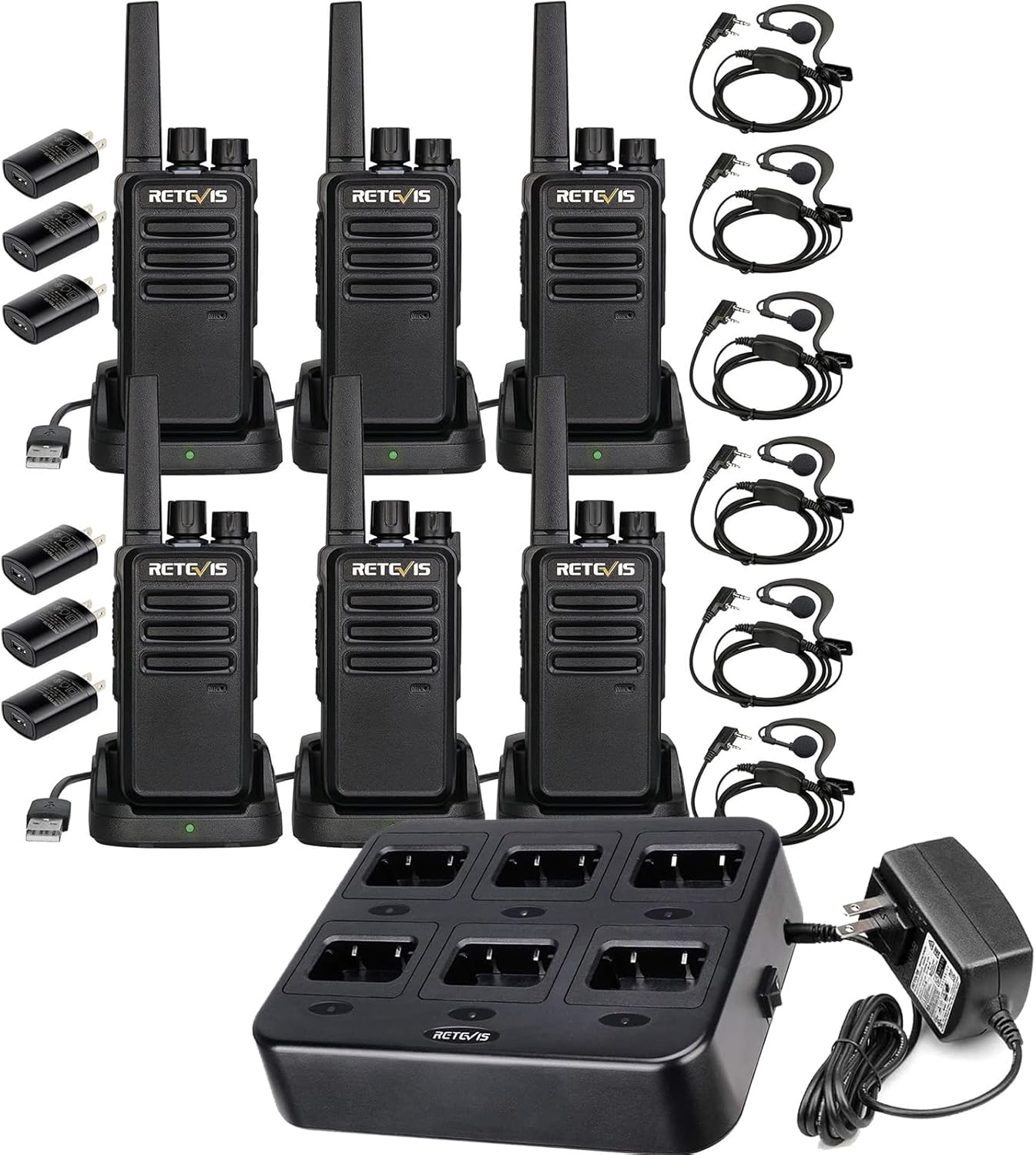 Retevis RT68 Two Way Radios(6 Pack) Bundle with Six Way Charger(1 Pack), Heavy Duty Walkie Talkies for Adults with Earpiece, Compact 2 Way Radio Long Range Rechargeable with USB Charging Base