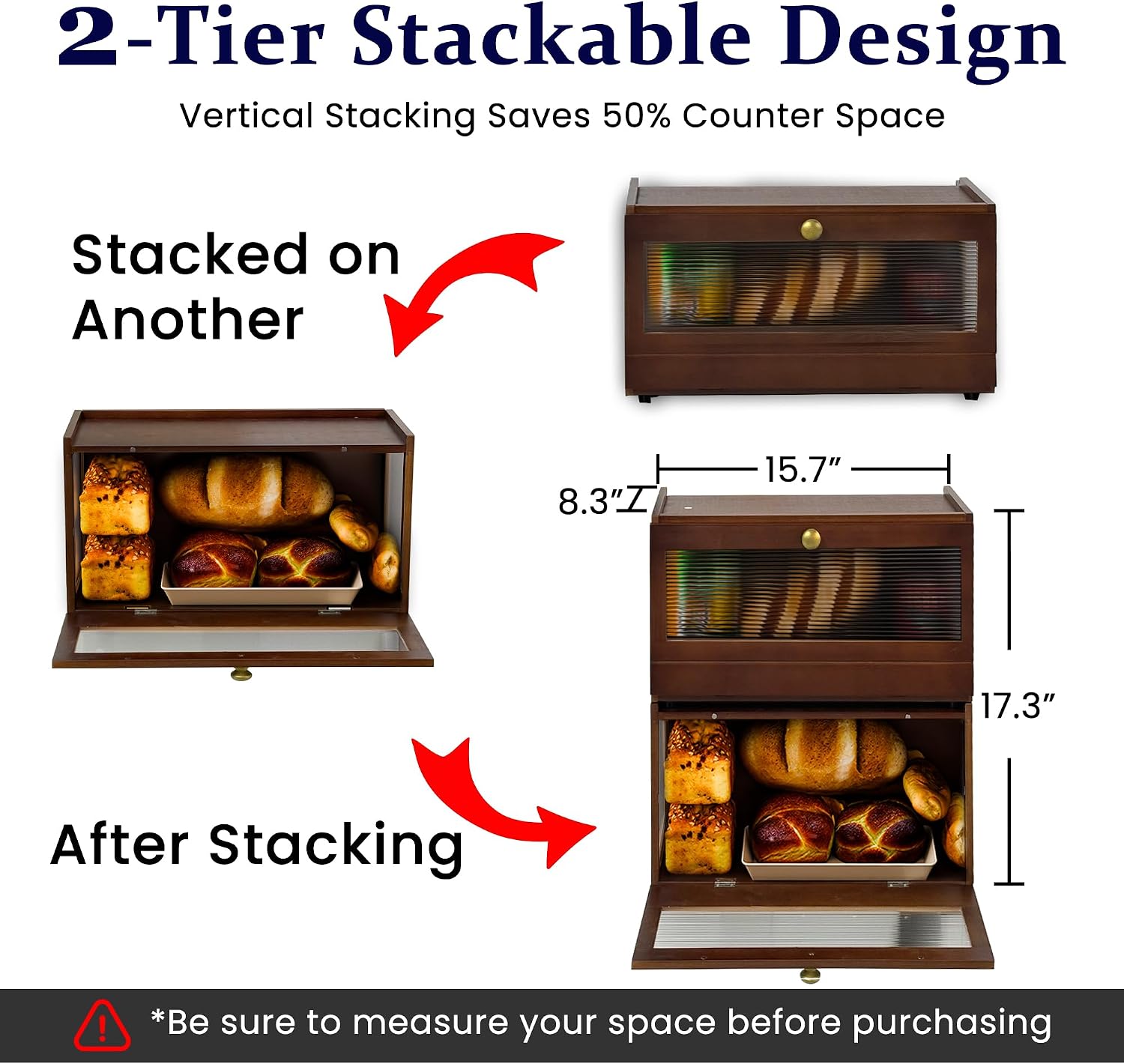 Stackable Bread Box for Kitchen Countertop, 2 Tier bamboo Bread Storage Container Holder Bin for Baked Goods Snacks Farmhouse Breadbox with Acrylic Window for Pantry Cabinet Cupboard, Brown