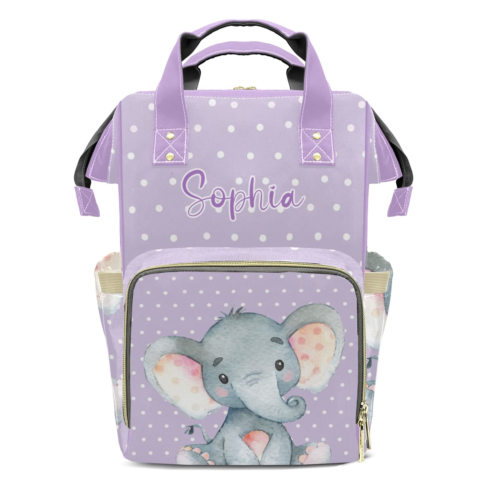 Girl Elephant Baby Purple Mommy Bag for Baby Girl Custom Diaper Bag Backpack Waterproof Multi-Function Travel Camping Picnic Diaper Carrying Bag