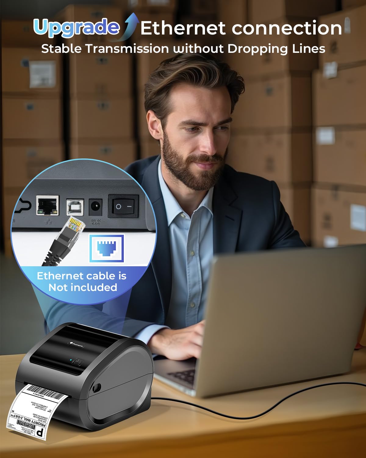 Phomemo Ethernet Stampante Etichette Spedizione, Stampante Termica Etichette da 300dpi per imprese, Supporta Ethernet, Bluetooth e USB, Compatibile con Amazon, Vinted, BRT, GLS, DPD, UPS
