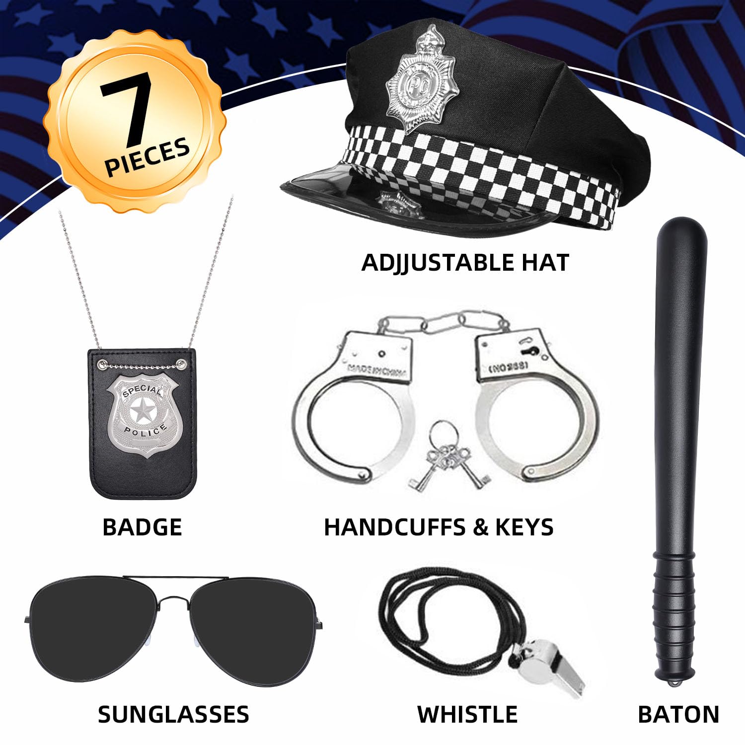 Bagtopia Police Costume Accessories for Adult Men Women Boys Kids 6 Pcs Police Officer Hat, Cop Handcuffs, Badge - Image 4