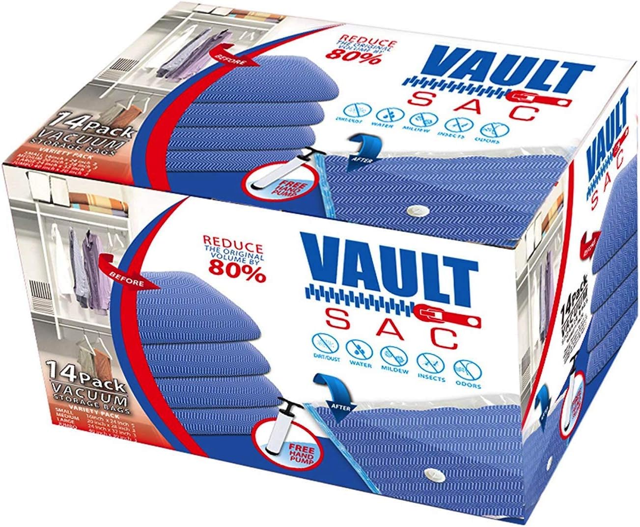 Vacuum Storage Bags | 14 PACK | 5 X JUMBO, 3 X LARGE, 3 X MEDIUM, 3 X SMALL | 80% MORE STORAGE for Clothes Blankets Duvets & Much More | Works with Any Vacuum Cleaner FREE Hand-Pump For Travel