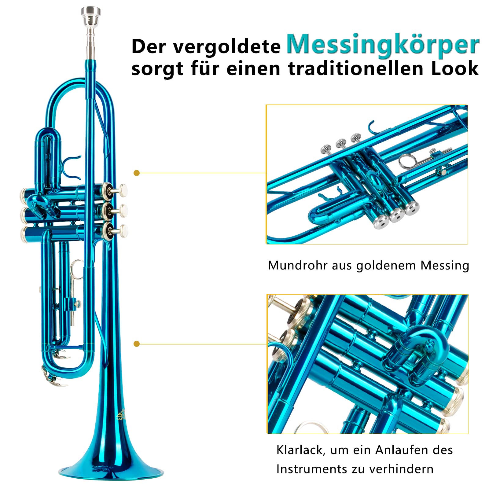 EASTROCK Trompete BB Standard Trompete Kit mit Tragetasche, Handschuhe, 7C Trompete Mundstück,Tuning Rod, Trompeten für Anfänger und Schüler(Lake Blue)